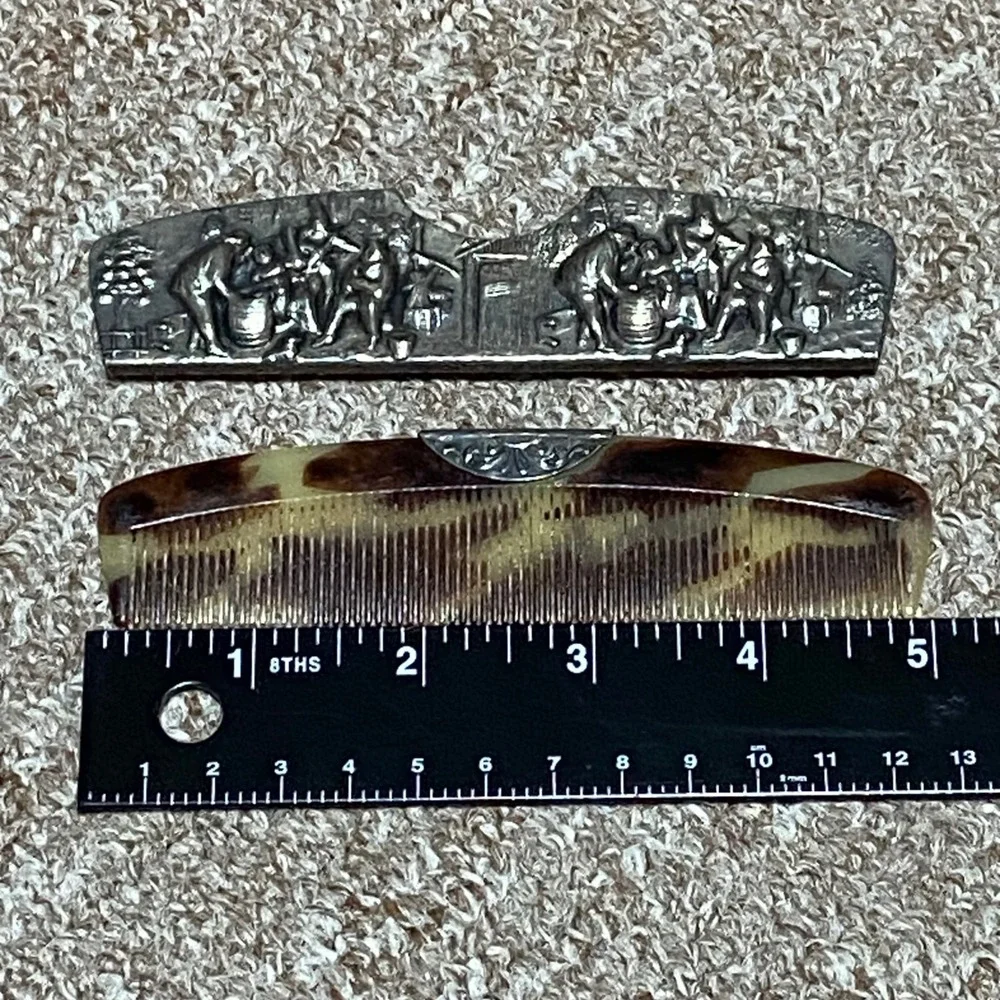 Vintage‎ Hans Jensen Comb Set Denmark Repoussé Silver-Plated Case Tavern Scene
